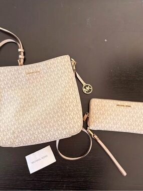 Michael Kors Cream Beige Signature Shoulder Bag with Matching Wallet